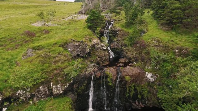 Aerial view on fairy pools, waterfalls, clear water on Isle of Skye, Scotland