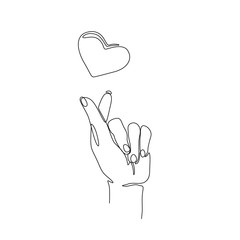 Korean finger love symbol hand heart one line, tattoo, print for clothes and logo design, I love you or mini sign, continuous line drawing on a white background, isolated vector illustration.