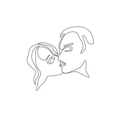 Kissing couple continuous line drawing, man and woman kiss, faces abstract silhouette single line on a white background, tattoo and logo design, isolated vector illustration. Minimalistic style.