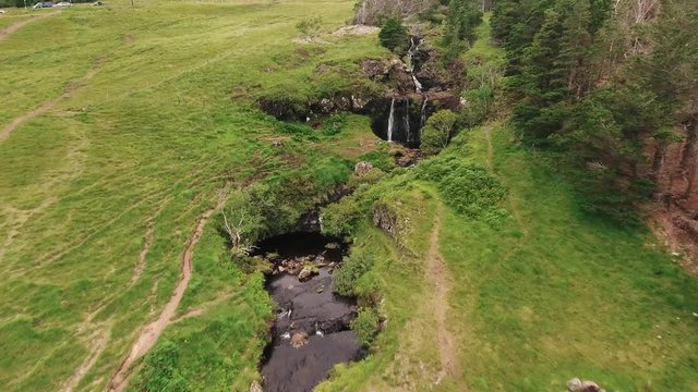 Aerial view on fairy pools, waterfalls, clear water on Isle of Skye, Scotland