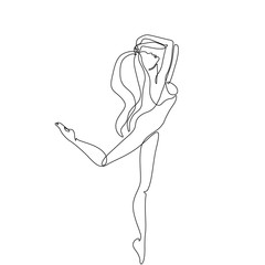 Dancing girl beautiful female abstract silhouette continuous line drawing, tattoo, print for clothes and logo design, silhouette one single line on a white background, isolated vector illustration. 