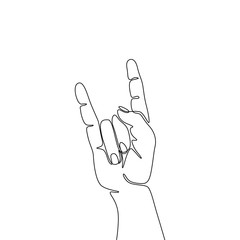 Hand make goat gesture continuous line drawing, two fingers up single line on a white background, isolated vector illustration. Tattoo, print and logo design. Rock and roll gesture rocker sign.