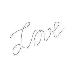 Love lettering calligraphy text, continuous line drawing, handwritten lettering, decorations for greeting card, posters, print, single line on a white background, isolated vector line art.