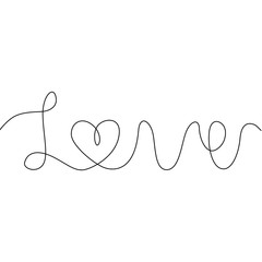 Fototapeta na wymiar Love lettering calligraphy text, continuous line drawing, handwritten lettering, decorations for greeting card, posters, print, single line on a white background, isolated vector line art.