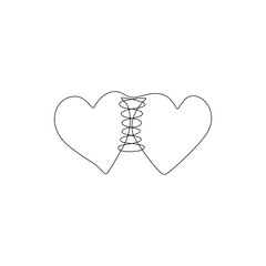 Stitched hearts, continuous line drawing, valentines card, two hearts sewn needle thread pattern, single line on a white background, tattoo, print and logo design, isolated vector.