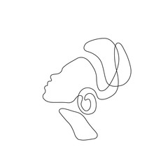 Girl in traditional ethnic headwear turban continuous line drawing, tattoo, print for clothes and logo design, t-shirt, african female silhouette single line on a white background, isolated vector.
