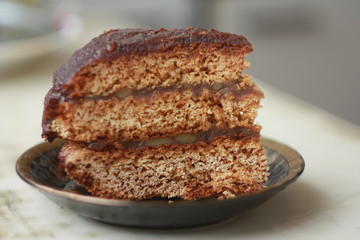 Homemade chocolate cake on a saucer