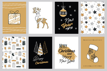 Fototapeta na wymiar Set modern Merry Christmas hand drawn cards, illustrations and icons, lettering design collection. Doodles and sketches vector illustration
