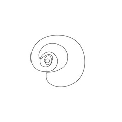 Shell spiral shape continuous line drawing, single line on a white background, isolated vector illustration, tattoo, print and logo design.