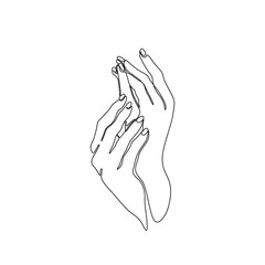 Beautiful hands of young woman, continuous line drawing, body care, manicure. Single line on a white background, isolated vector illustration. Tattoo, print and logo design.