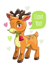 Little cute cartoon deer illustration. Valentines Day greeting card.