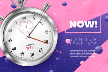 Vector 3d realistic stop watch banner on abstract scene with place for text. Violet, pink and white balls and objects.