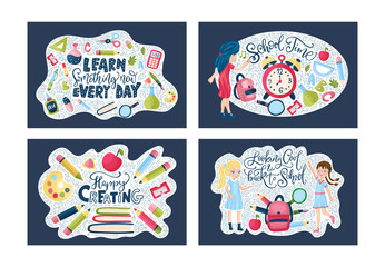 Vector school card set. Back to school poster collection with education supplies, girl student and lettering quotes in cartoon flatt and doodle style. Stationery illustration.