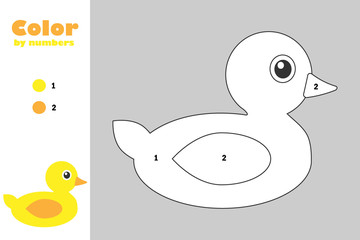 Duck in cartoon style, color by number, education paper game for the development of children, coloring page, kids preschool activity, printable worksheet, vector illustration