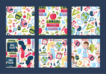 Vector school and learning seamless pattern set. Back to school poster collection with education supplies, girl and boy pupils in cartoon flat and doodle style. Stationery illustration.