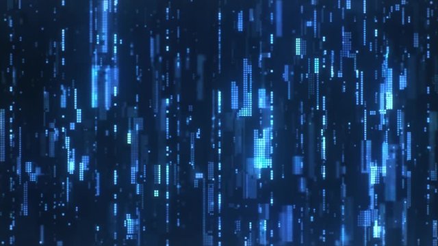 The abstract high-tech digital background represents information transfer. Flying sideways along the bright blue flickering pixels combined into matrices randomly spaced over a dark background.