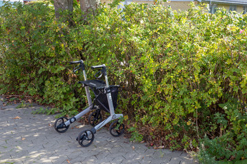 Rollator an Hecke geparkt