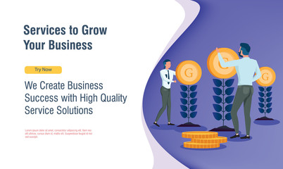 business people growing money plant with flat design and landing page