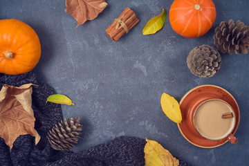 Autumn concept with coffee cup, pumpkin and fall leaves over blackboard background. Top view from...