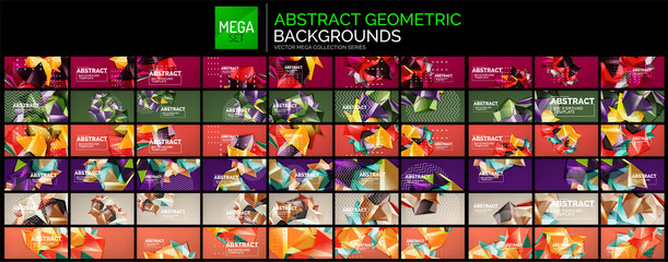 Mega collection of geometric polygonal shapes backgrounds. Multicolored geometrical triangle elements connected to each other on color backdrop. Modern template with copyspace