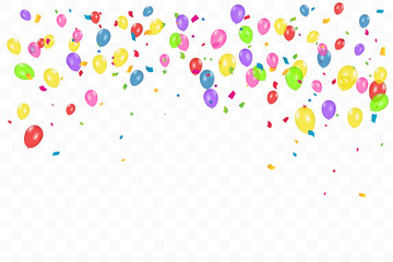 Colorful Happy Birthday Background With Balloons And Confetti. Celebration Event Party. Multicolored. Vector