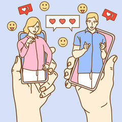 Man and woman fallen in love, man and woman pointing finger. Vector illustrations.