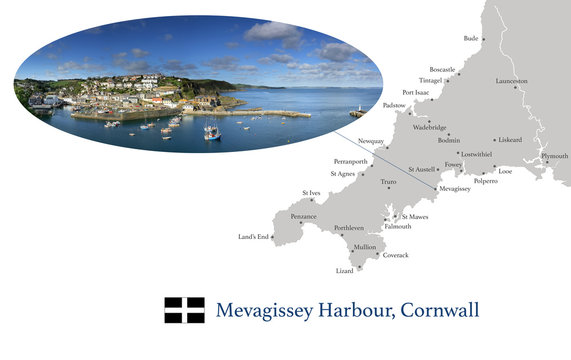 Map of Cornwall, featuring photographic image of Mevagissey Harbour, and key towns in Cornwall marked on map.