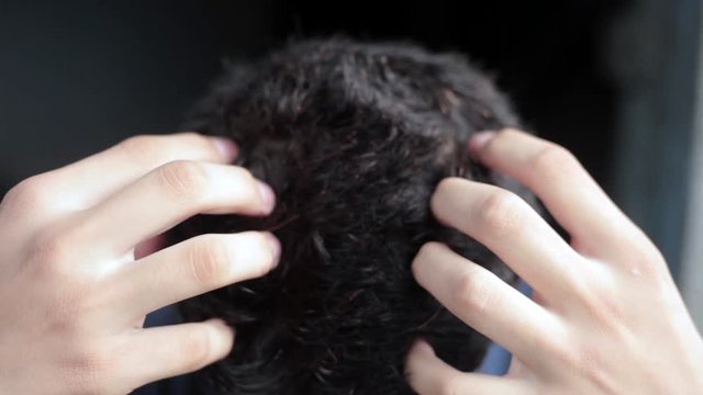 Hairs of caucasian white teenager boy itching them isolated on black background wearing a blue colored t-shirt.