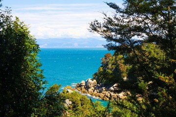 Fototapeta na wymiar View into isolated bay with blue water beyond trees - Abel Tasman national park, New Zealand