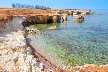 Obraz premium Republic of Cyprus. Kuklia. Petra-Tu-Romiou. Clean water of the Mediterranean sea. Rocky shore. Travelling to Cyprus. Bay Of Aphrodite. White stones.