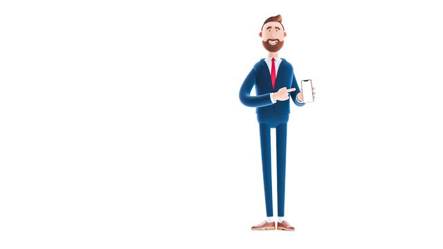 Billy cartoon businessman character  with mobile phone on white background. 3d render illustration. Looped video. Conversation concept.