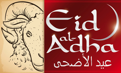 Label with Ram Draw in Scroll to Celebrate Eid al-Adha, Vector Illustration