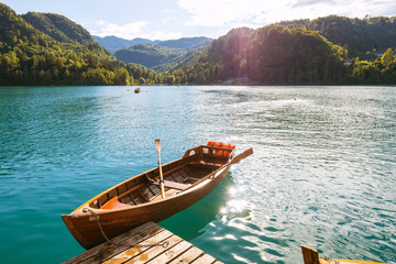 Vintage Wooden Rowboat on Lake Bled, Slovenia