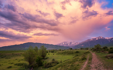 Sunset in pastel colors in the foothills of the Tien Shan, Kazakhstan