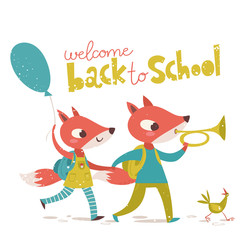 Back to school vector poster with cute fox character and lettering