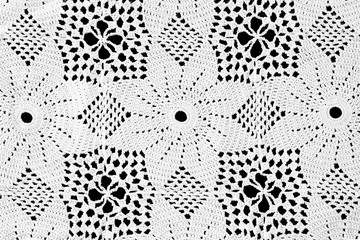 Top view of crochet lace doily tablecloth - obrazy, fototapety, plakaty