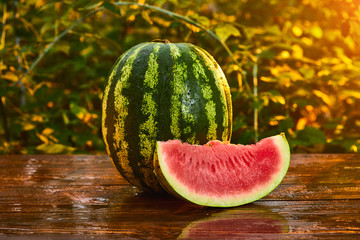 Fresh ripe striped sliced watermelon on wooden table with blurred garden sunset background. Food, Fruits or healthcare concept.