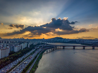skyline sunset at han river seoul city south korea