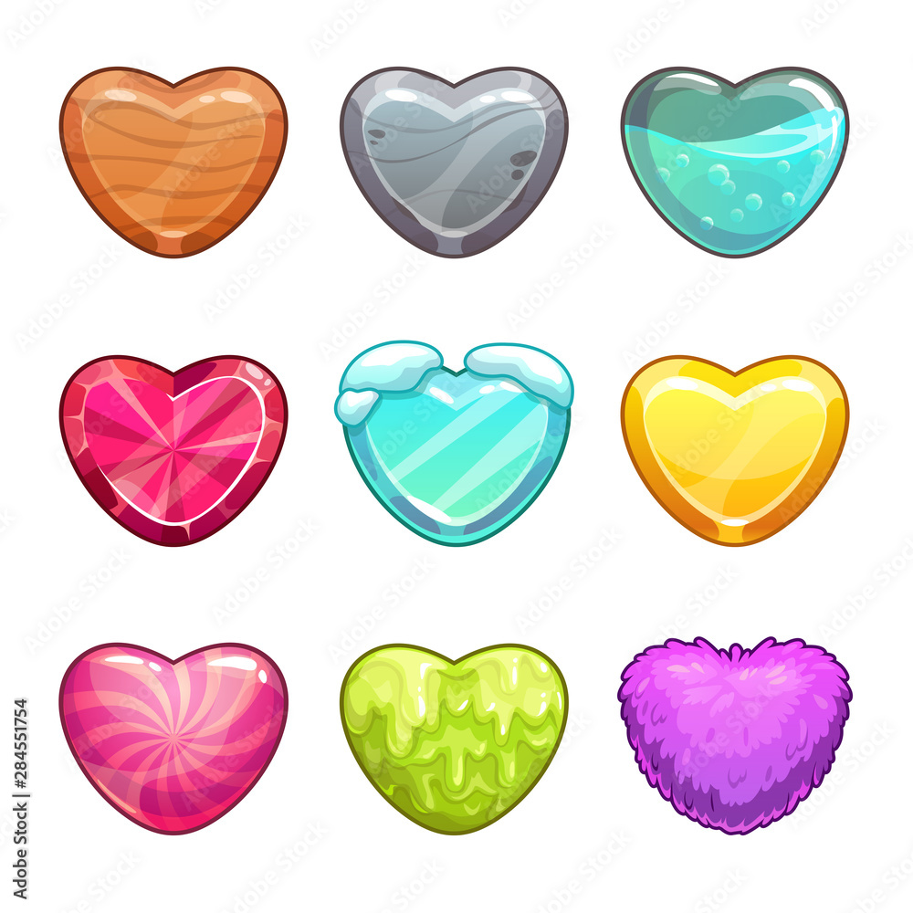 Poster Game assets set. Cartoon heart made from different materials.