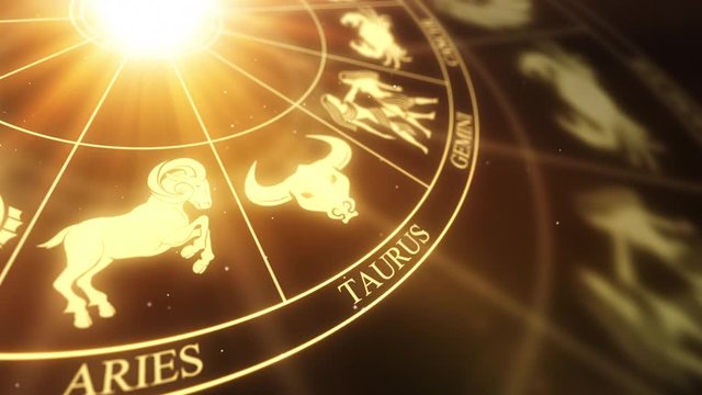 Zodiac Horoscope Signs on a spinning wheel Seamless Looping Motion Background Version 01 Golden Brown Yellow Orange