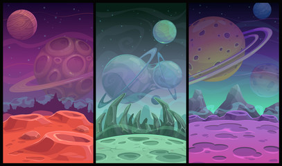 Space backgrounds collection. Fantasy alien planet landscapes set.