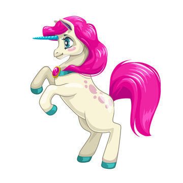 Cute cartoon unicorn with long pink hair.