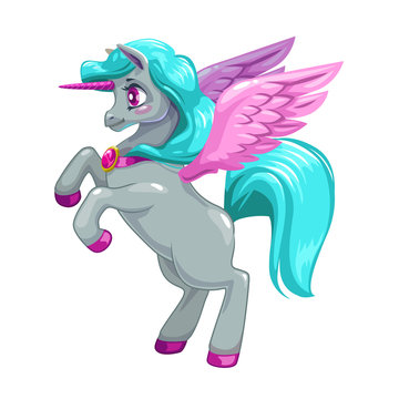Adorable fantasy unicorn with long blu hair and pink wings.