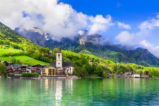 Amazing idyllic scenery. Lake Sankt Wolfgang in Austria. Boat river cruises
