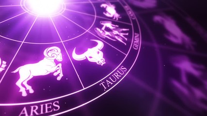 Zodiac Horoscope Signs on a spinning wheel Seamless Looping Motion Background Version 01 Purple Violet - Powered by Adobe