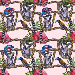 Watercolor lemurs on a rope tropical wildlife seamless pattern. Hand Drawn jungle nature, lemur, hibiscus flowers illustration
