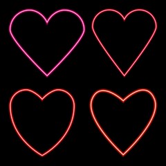 Collection neon colorful hearts on black backdrop.