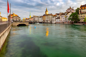 Zurich. Scenic view of the city and the embankment at dawn.