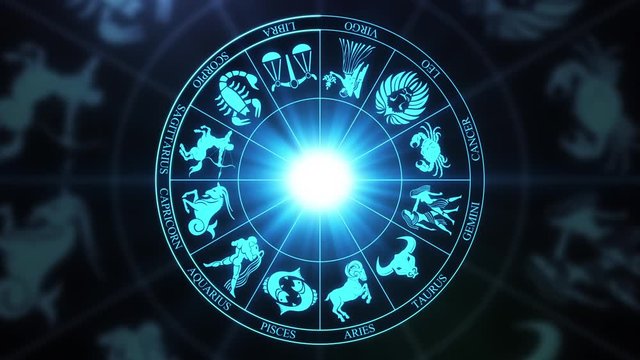 Zodiac Horoscope Signs on a spinning wheel Seamless Looping Motion Background Version 02 Blue Cyan
