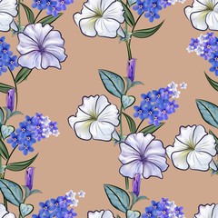 Petunia and for get me not flower seamless pattern